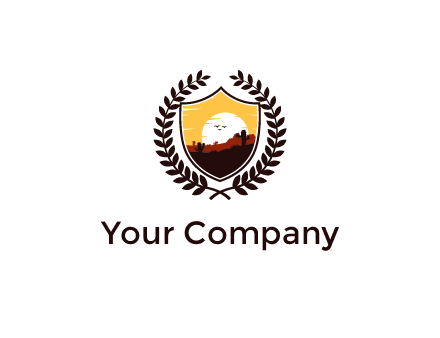 desert and setting sun inside a badge shaped vector surrounded by a wreath
